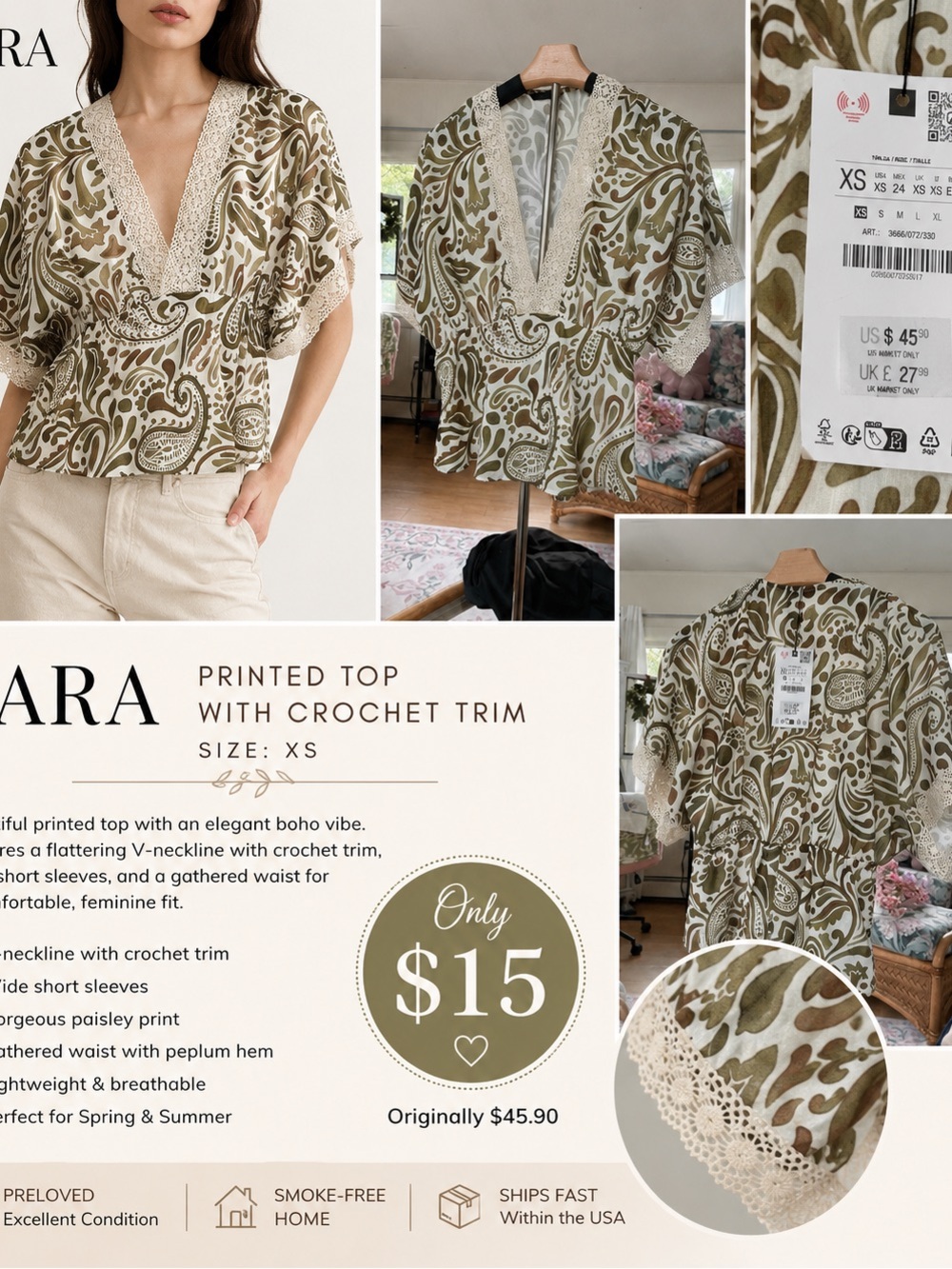 Zara Olive Green Paisley Printed Top with Cream Crochet Trim